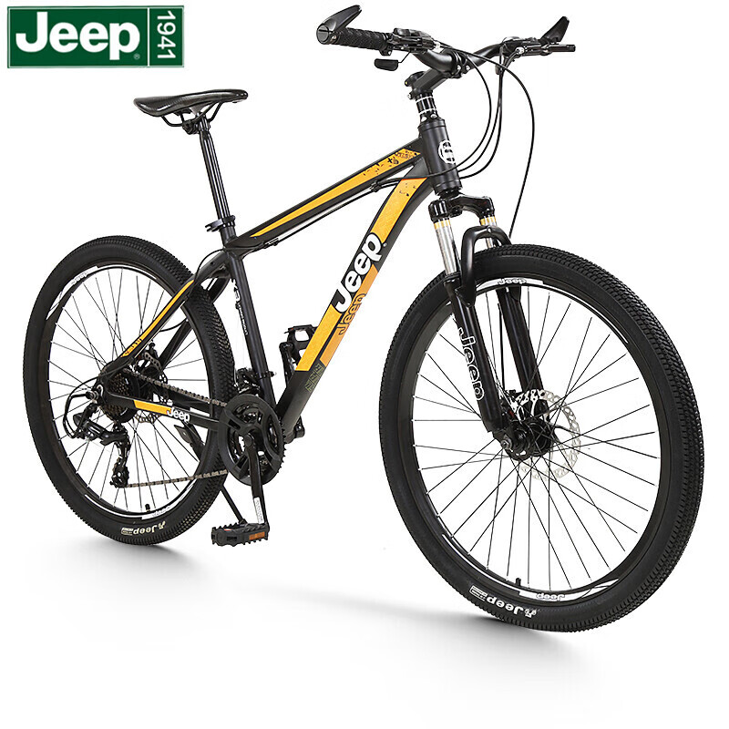 jeep自行车24速山地车成人双碟刹学生休闲车变速铝合金单车黑橙色