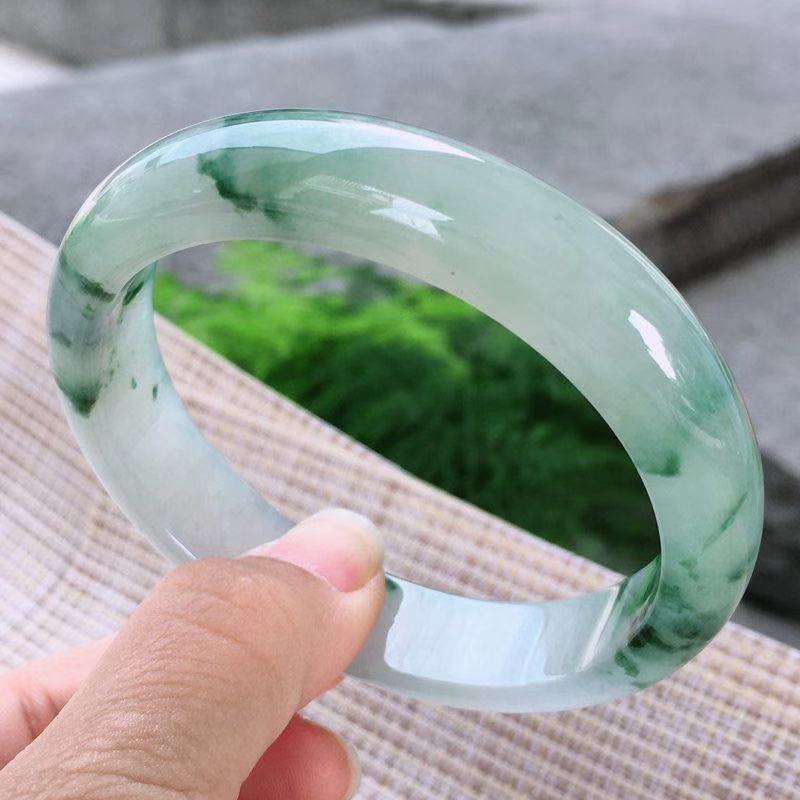 瑞丽缅甸翡翠处理手镯冰糯种飘花玉镯女款珠宝玉石镯子 内径51-52mm