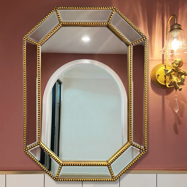 复古法式立体八角框玄关装饰镜金色壁挂梳妆镜卫生间浴室镜子简约