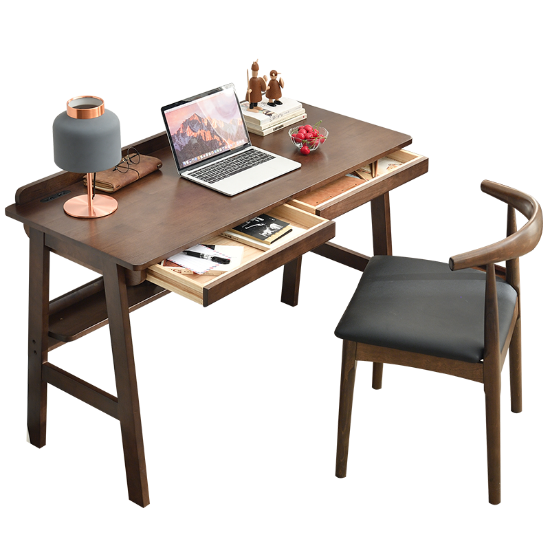家逸实木书桌学习桌写字桌学生写字台桌子办公桌电脑桌书房家用北欧 0.8米胡桃色书桌+牛角椅-升级款