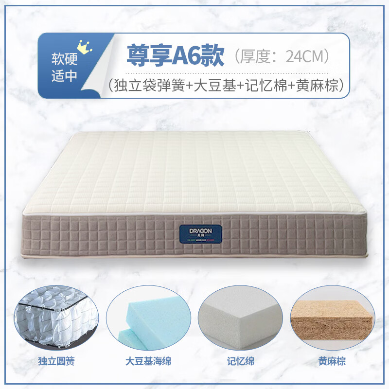 龙翔全拆式水洗记忆棉独立袋装弹簧席梦思软硬垫主卧1.81.5硬家用床垫 A6独袋+豆基+记忆棉+黄麻棕 24CM 2000*2200