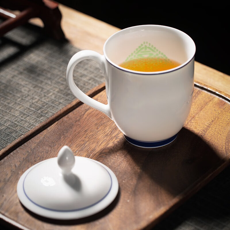 御嘉斋影青雕刻陶瓷杯办公茶杯大容量带盖纯手工水杯子马克杯可定制礼物 吉祥玲珑办公杯 400ml