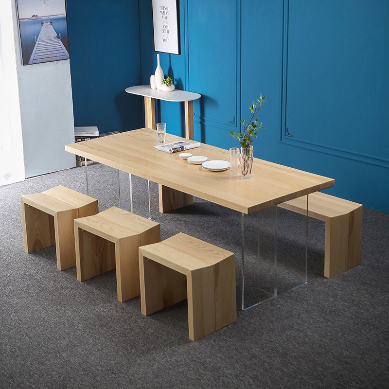 羽俙碧北欧轻奢亚克力悬空餐桌 现代简约设计师创意原木工作台大板