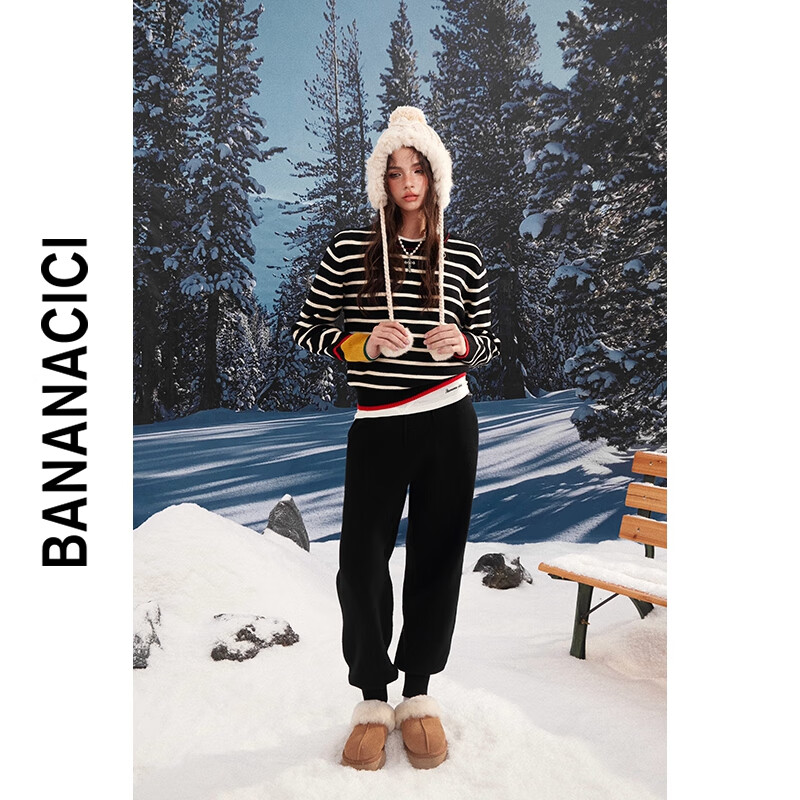 banana cici2024年冬季新款复古时髦重工撞色条纹针织衫圆领毛衣C244MY202 黑色 L