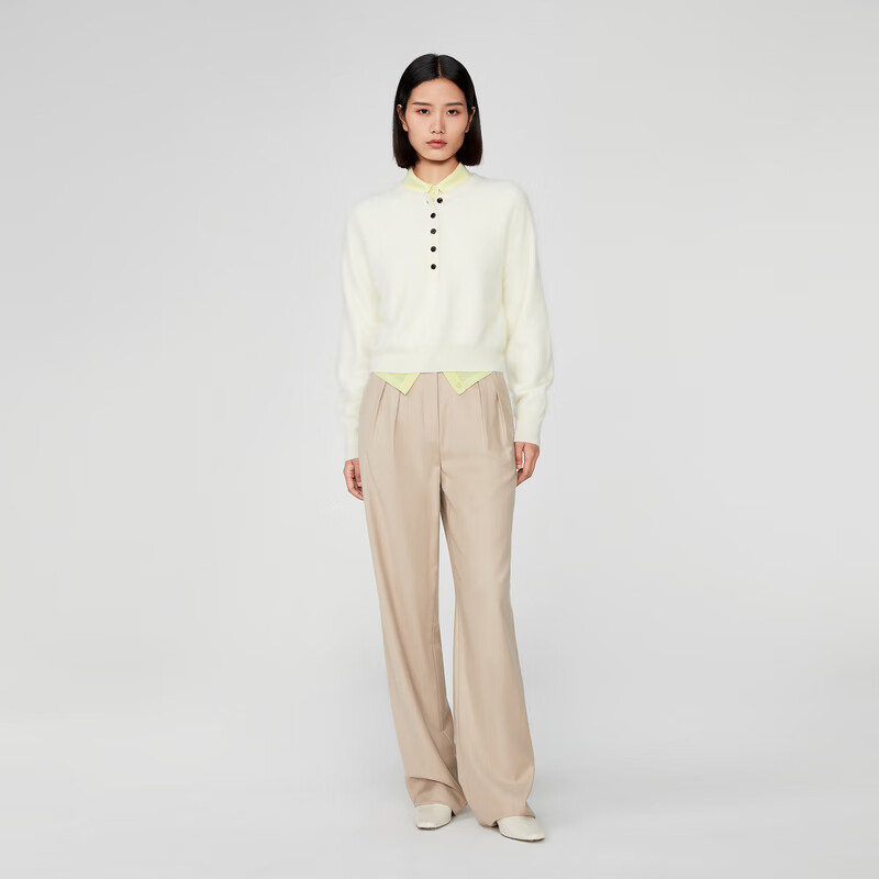 OVV秋冬热卖女装轻盈羊绒拉毛半开襟休闲长袖针织衫 米白（净色）A2 M