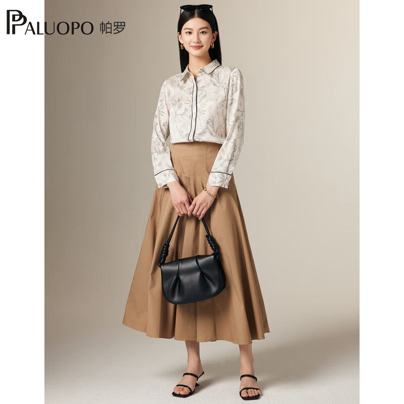 帕罗（PALUOPO）19姆米弹力双乔桑蚕丝夏长袖印花微弹衬衣休闲文艺上衣衬衫女 白底花 XL (170/92A)