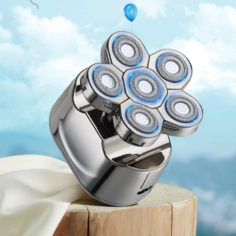 约克 （YUEKE）剃光头神器六刀头自刮光头机多功能剃须刀男士电动刮胡刀全身水洗充电理发器情人节礼物 5366银色单机+备用刀头2个+推头器+收纳包