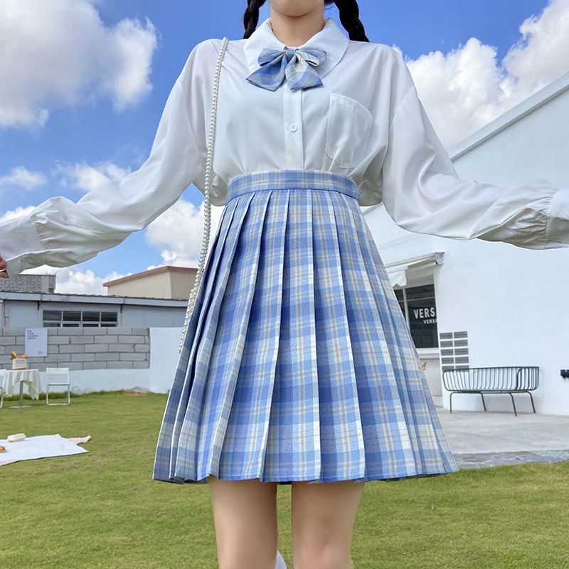 大号冰淇淋jk格裙蓝色格子制服短裙高腰显瘦日系学院风百褶裙女夏