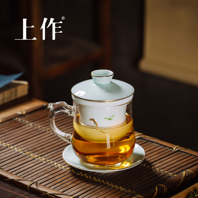 上作 春池 茶水分离杯高硼硅泡茶玻璃杯 陶瓷茶漏带描金杯盖耐高温过滤泡茶杯 喝茶杯 套餐 B