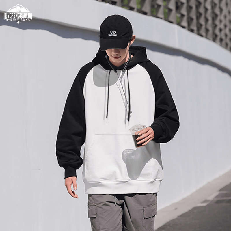 顶峰保罗（Dingfengbaoluo）潮牌百搭卫衣男春季日系拼色宽松休闲情侣连帽上衣2322白色L