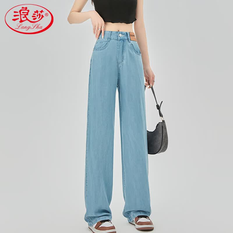 浪莎天丝牛仔裤女夏季薄款高腰直筒显瘦休闲冰丝窄版阔腿裤