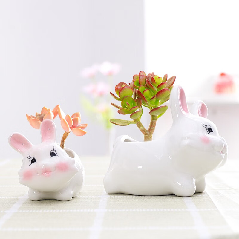 源老舍可爱兔子白色简约卡通萌系动物多肉肉花盆陶瓷小号创意摆件植物