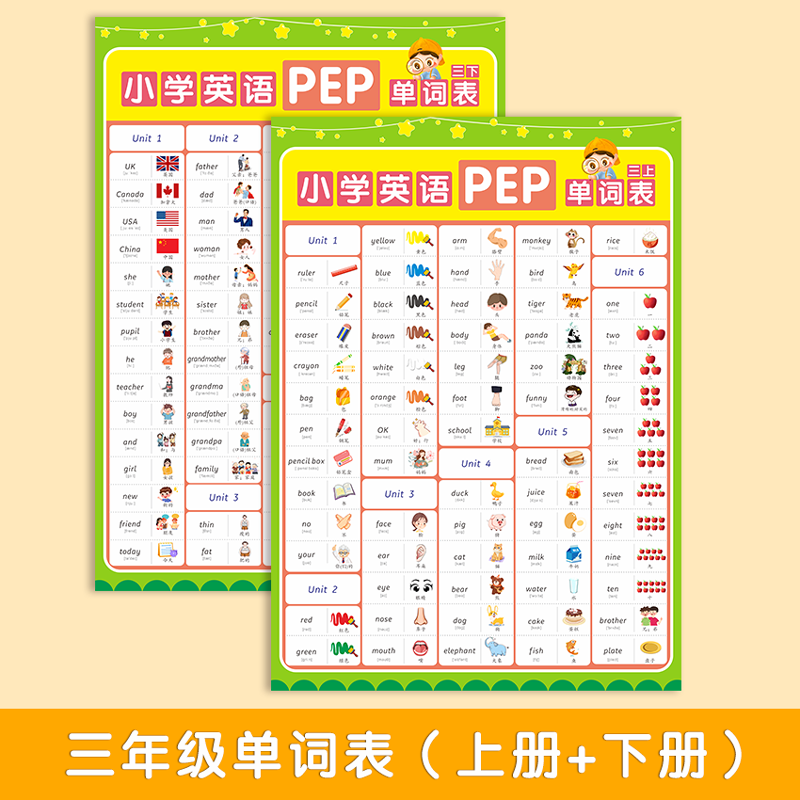 小学生英语单词人教pep版三四五六年级上下册彩色挂图墙贴纸海报 aj