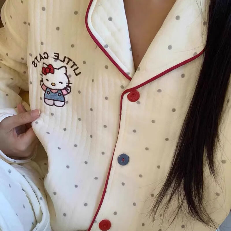 禾回helloKitty夹棉睡衣女冬季甜美卡通空气棉加厚学生休闲家居服套装 白色 波点kt猫 夹层款 M （80-100斤）