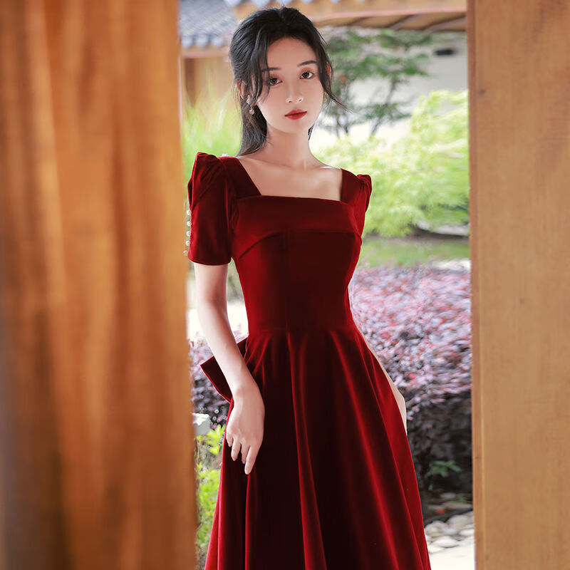 柒十念敬酒服新娘新款氣質(zhì)高端輕奢結(jié)婚回門小禮服宴會感連衣裙 酒紅色 款一  中長款-晚宴禮服女 XS-晚宴禮服女
