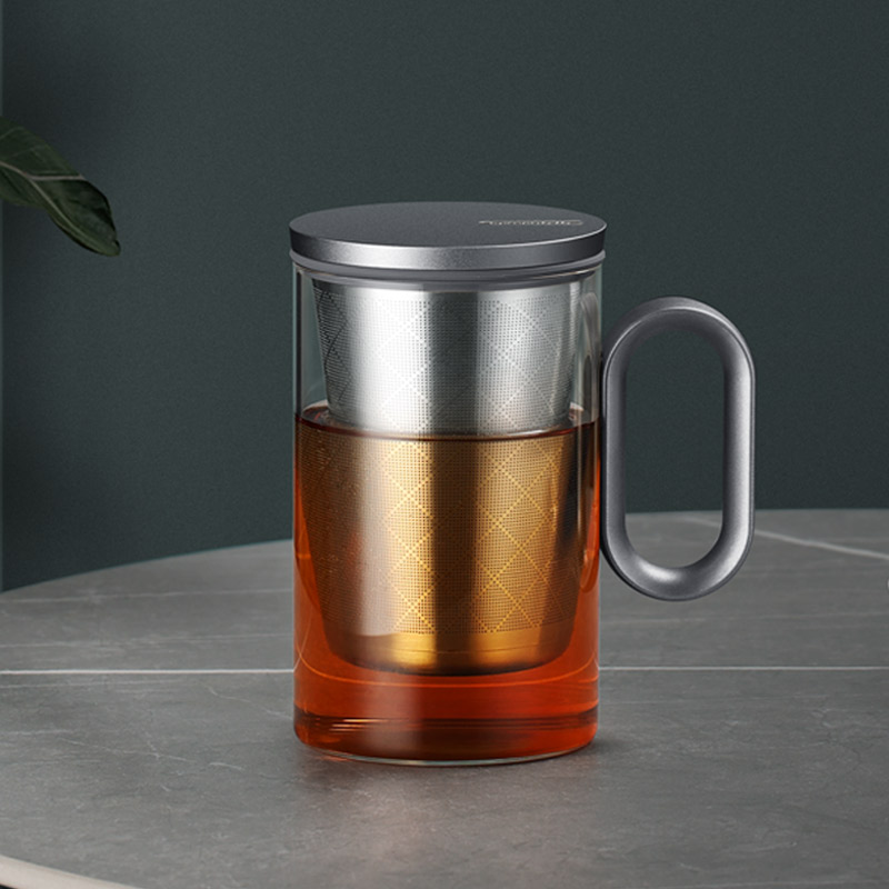 尚明(SAMADOYO)耐热玻璃泡茶杯茶水分离不锈钢过滤办公茶杯带盖带把透明水杯家用 金色+恒温宝