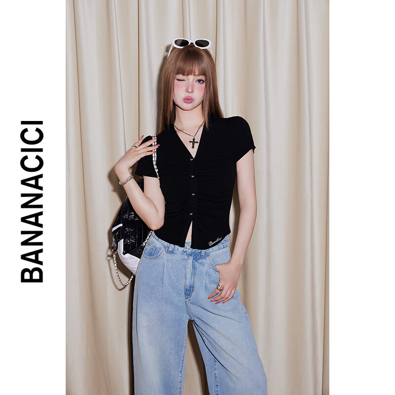 banana cici2024年初秋新复古辣妹风款缩褶百搭V领短袖针织开衫C243MY020 黑色 S
