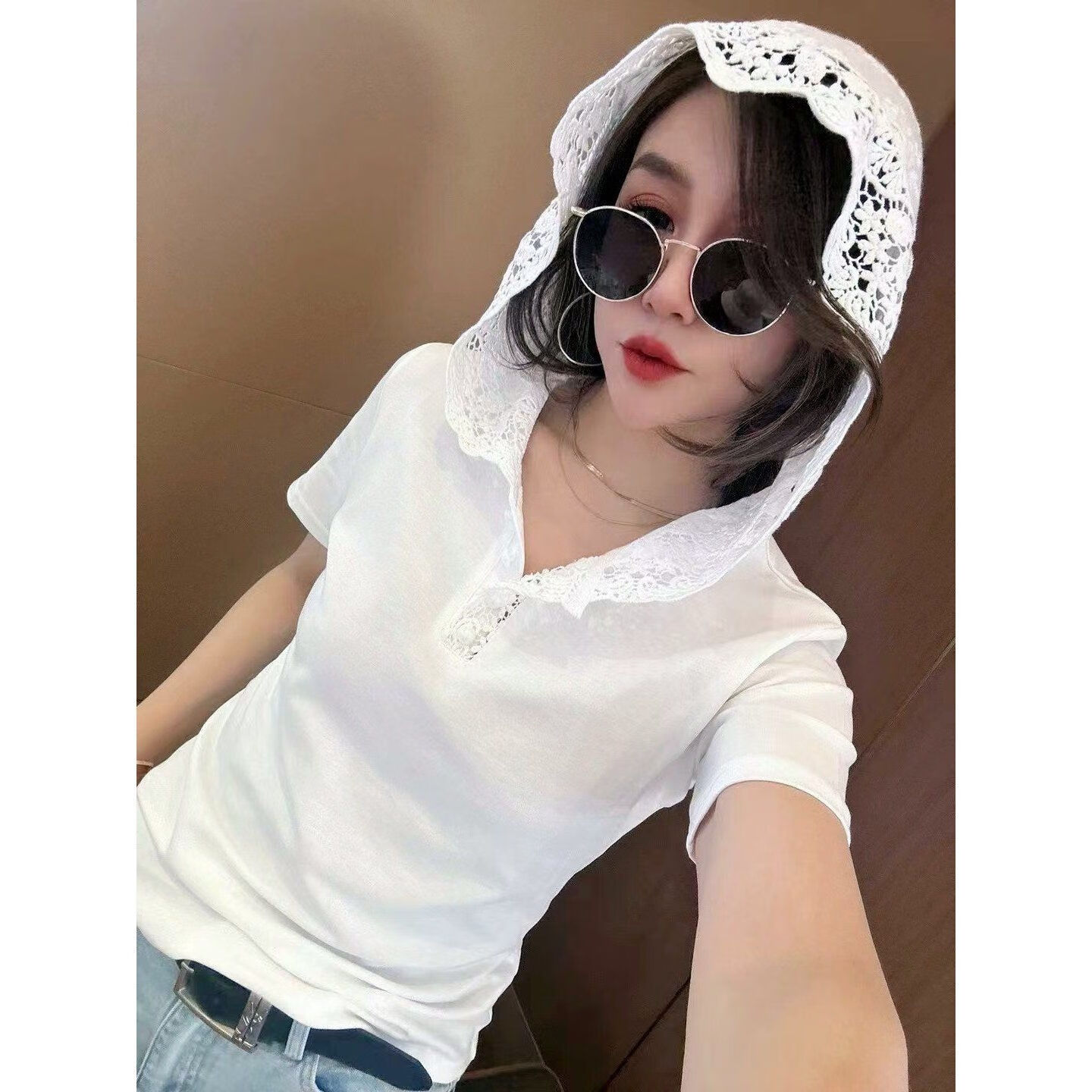 刚拓者(gangtuozhe)带帽戴帽衫t恤女士夏天体恤显瘦新款欧货蕾丝连帽