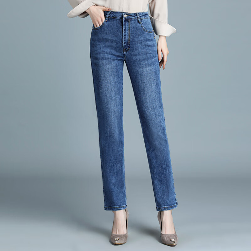 圣曼芬女牛仔裤三十到四十岁穿秋季新款显瘦直筒四季中年裤长裤 蓝色