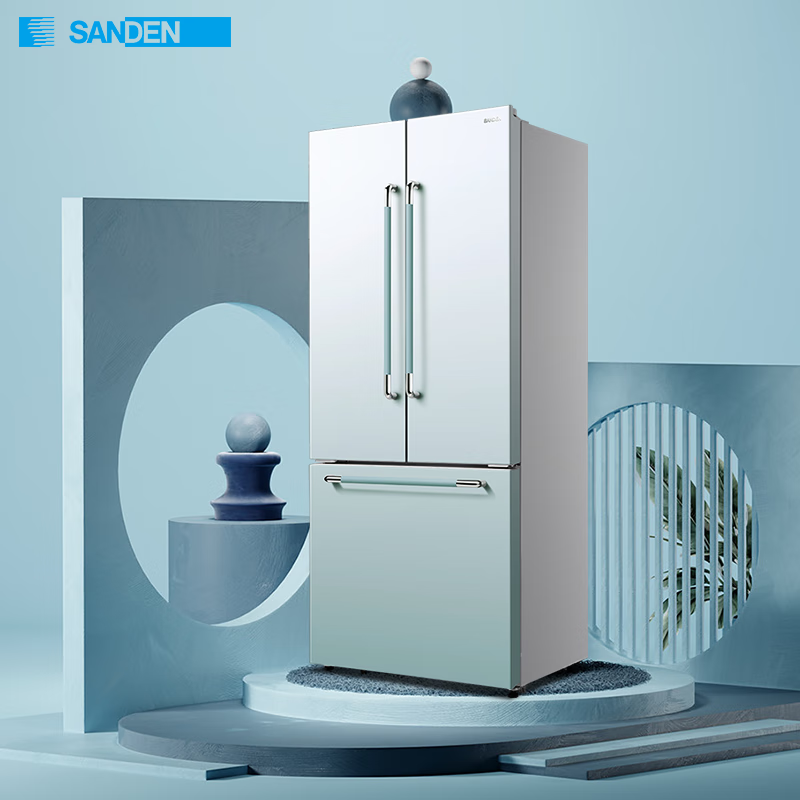 sanden三电513升自动制冰机办公室三门法式电冰箱雾蓝渐变彩板门一级