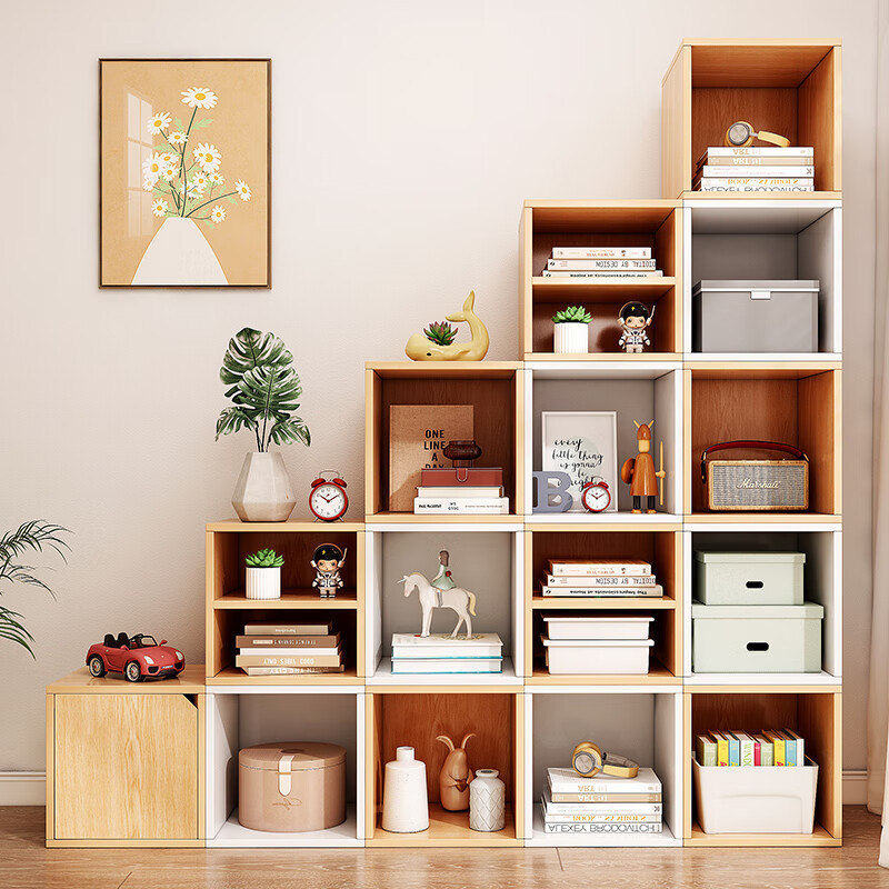 落地置物架楼梯下收纳柜阶梯柜家用小书柜 diy单层无门田园橡木色30cm