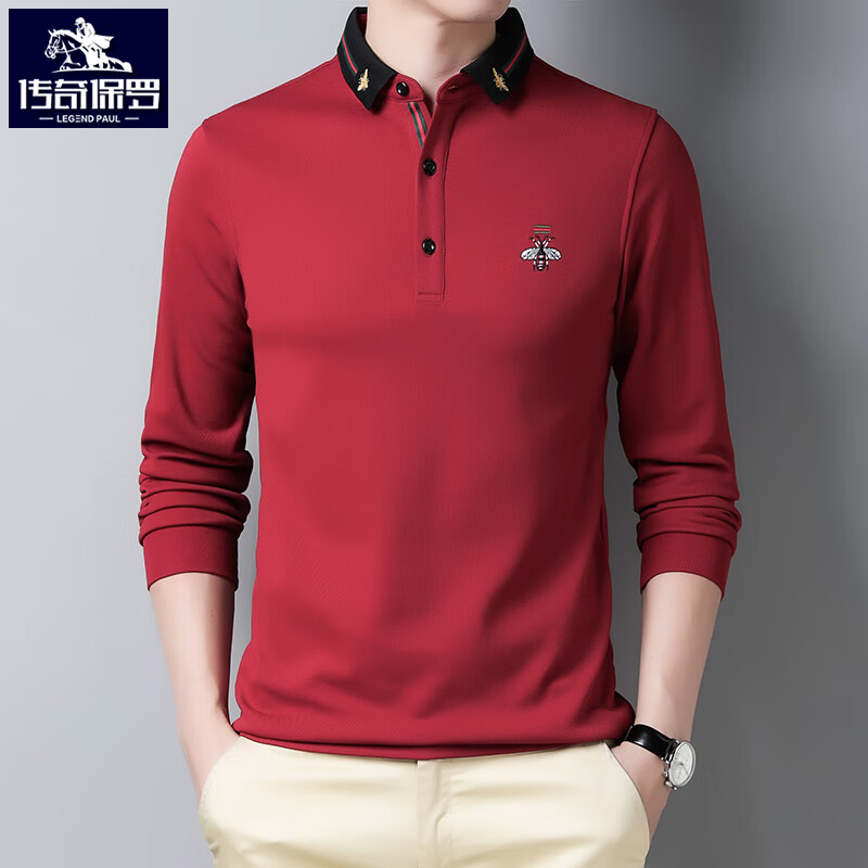 瑾巡官方品牌保罗翻领纯色衬衫领贵族polo衫中年小蜜蜂刺绣长袖休闲上