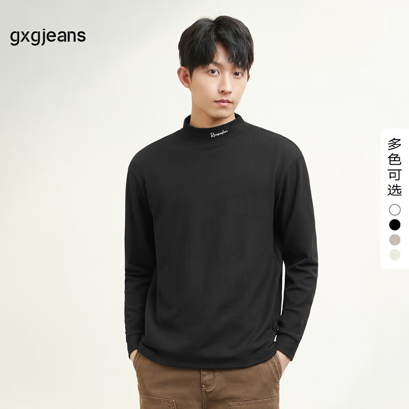 gxg.jeans男装长袖T恤冬季字母刺绣白色半高领打底衫体恤 黑色 M (170)