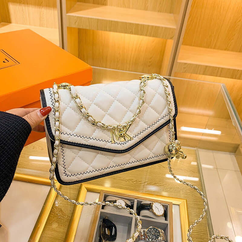 mospoke小mk女包包2023新款质感菱格链条包手提单肩斜挎包 白色