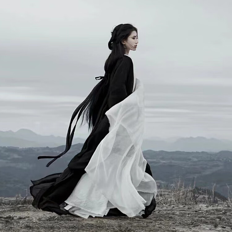 语贝集汉服成人女夏季仙气飘飘影女黑色霸气交领大袖衫全套束腰酷飒