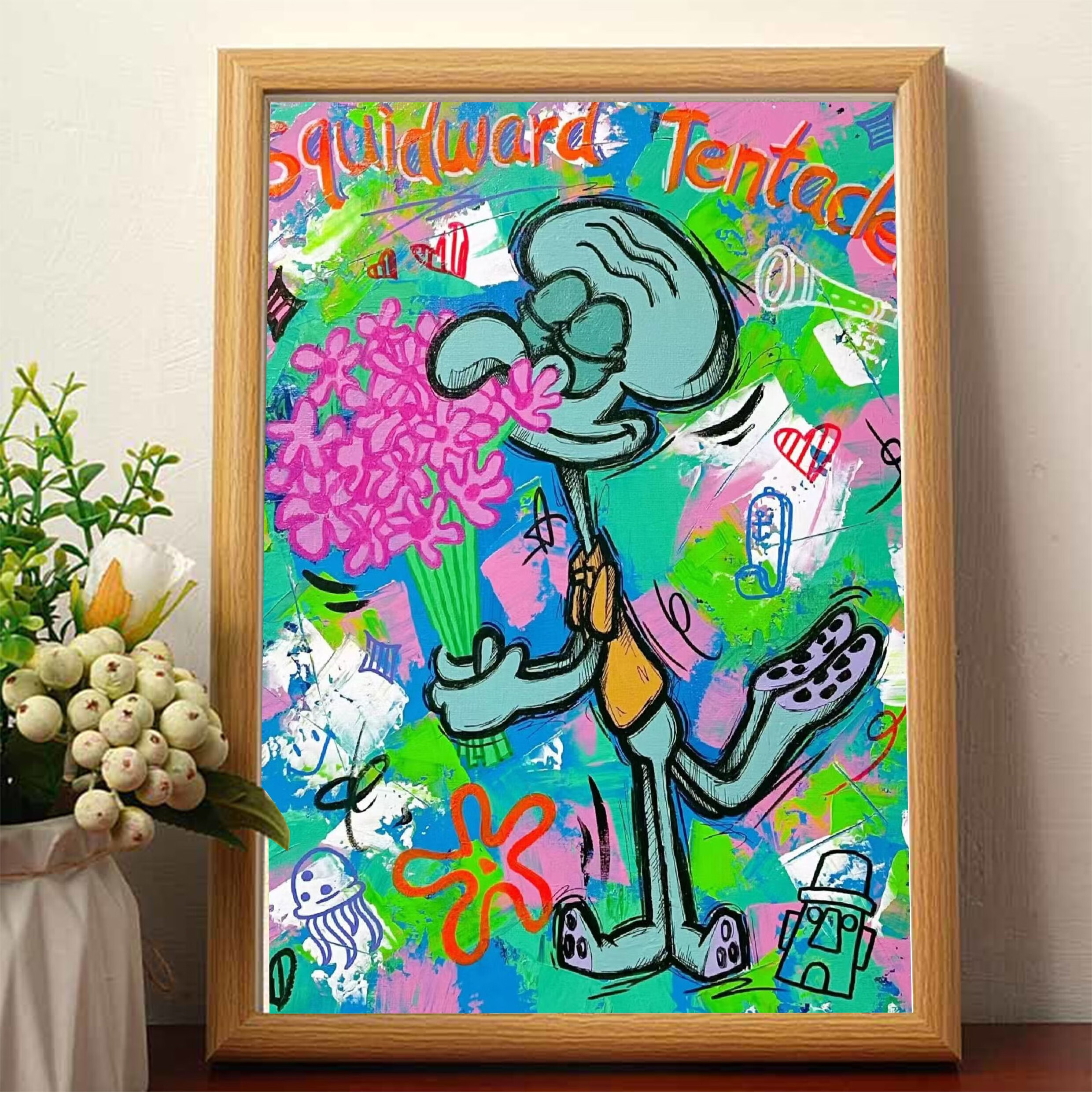 章鱼哥油画相框成品创意生日礼物情侣宿舍装饰画挂墙桌面摆件摆画