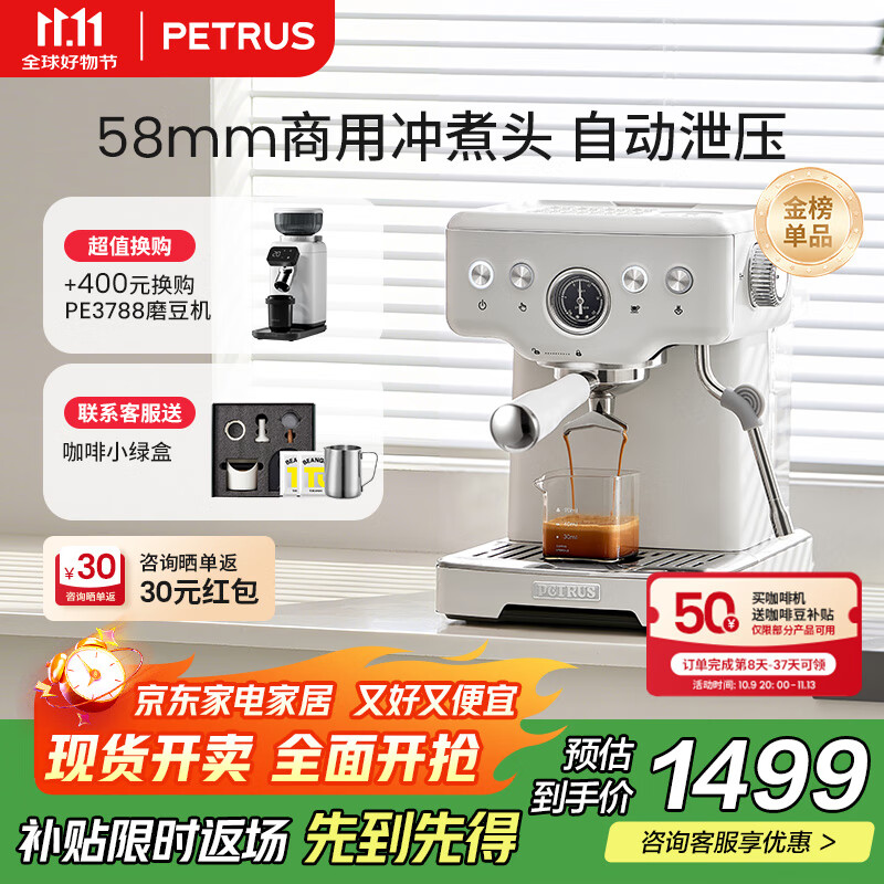 柏翠(petrus)【政府补贴】咖啡机意式浓缩家用小型半自动蒸汽打奶泡PE3833 海盐小方