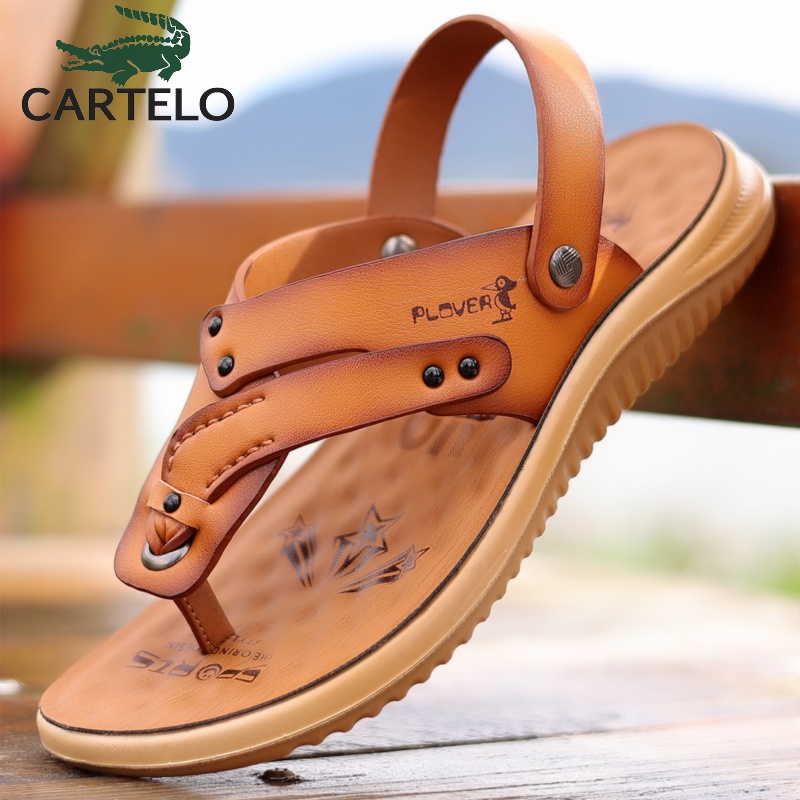 卡帝乐鳄鱼(cartelo)夏季凉鞋男夹趾凉拖鞋防水真皮牛筋底男士沙滩鞋