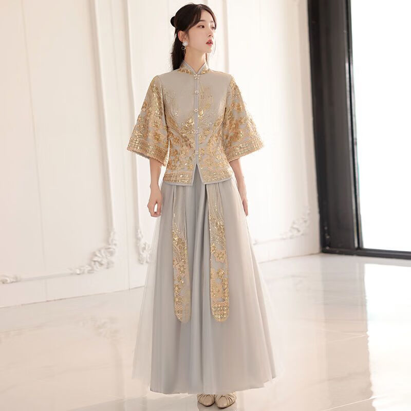 款平时穿伴娘服2023新款婚礼姐妹团长裙伴娘礼服长 灰色单 xs 胸围78