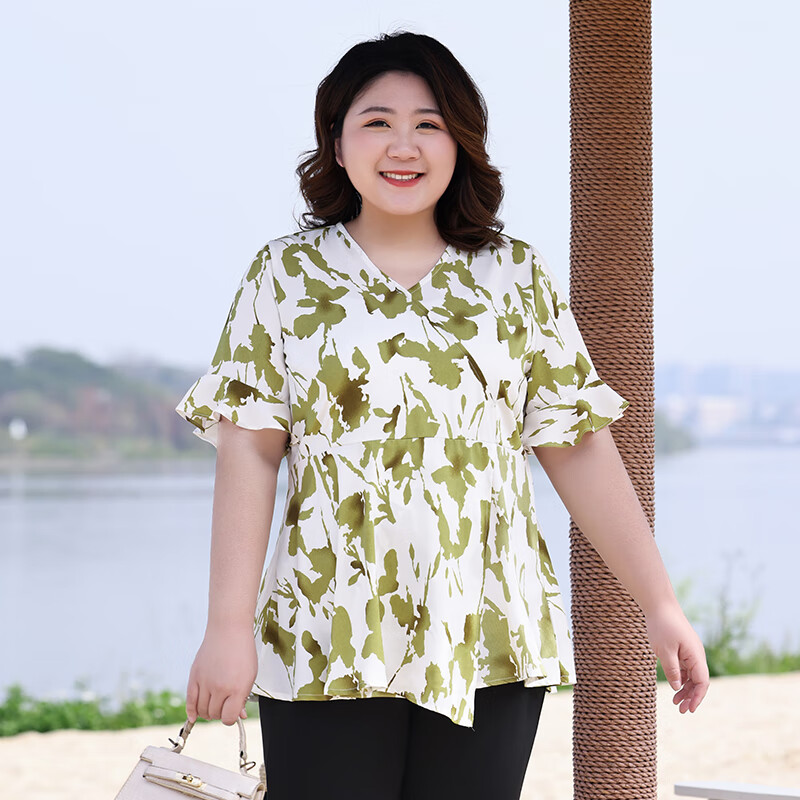 乐漫咪胖妹妹微喇牛仔裤女高腰微胖女生夏季中年胖妈妈洋气雪纺衫200