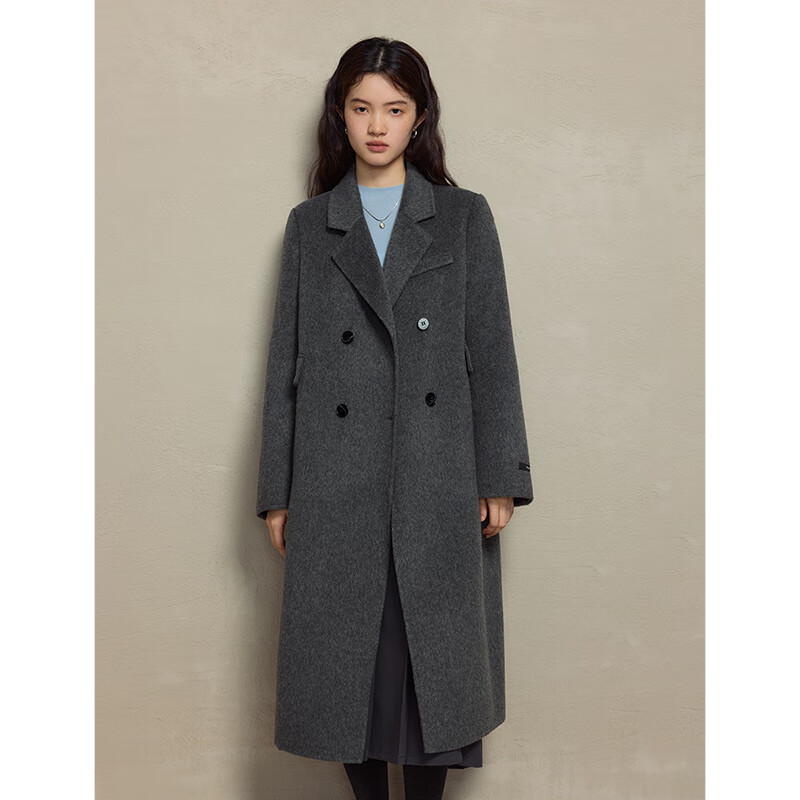 自巧（ZIQIAO）小个子正肩100%全羊毛双面呢大衣女2023冬季新款毛呢西装外套 浅棕灰 （100%绵羊毛） XS (2码)