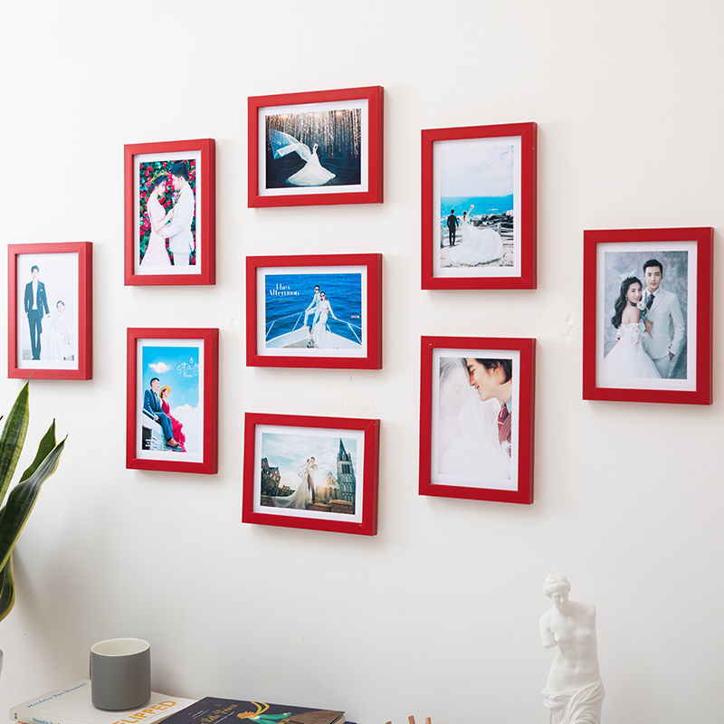 洗照片简约现代9框组合照片墙相片墙客厅装饰免打孔卧室相框挂墙 红色