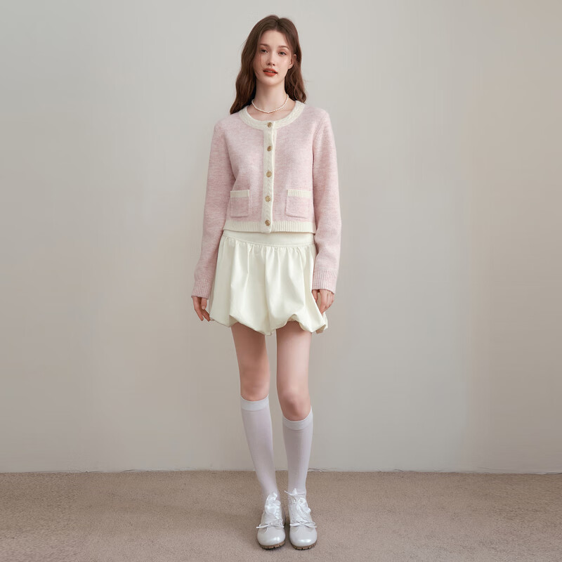 乐町磨毛绒针织线开衫2025年春季新款精致千金少女感毛衣外套 柔触粉(现货) M