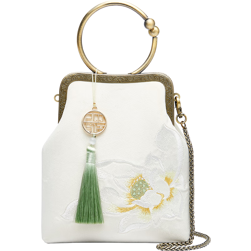 PmSix中国风刺绣女包竖款小包绣花旗袍包复古手拎包链条单肩包放手机包 白色-送礼盒+礼品袋