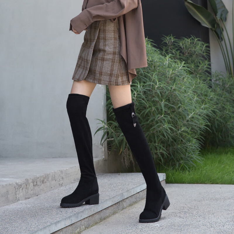 先百伦(sinbavlen)长筒靴女过膝2023年新款加绒粗跟长靴显瘦弹力高筒