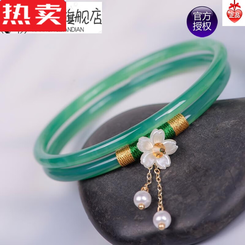 达禾梦款玉髓手镯叮当镯原生态网红樱花玛瑙古风饰品圆条镯子 绿色单