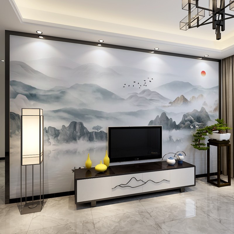 新中式客厅电视背景墙墙布大理石水墨山水画壁纸艺术大型壁画墙纸