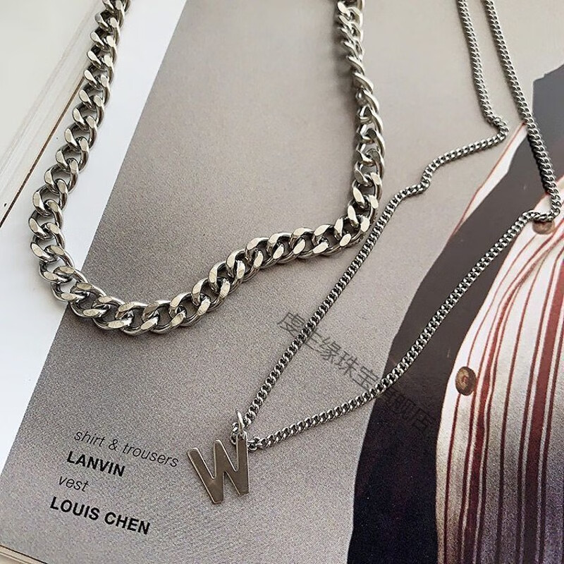 w字母双层锁骨链嘻哈土酷百搭短款颈链女8 w字母项链/可拆开两件套