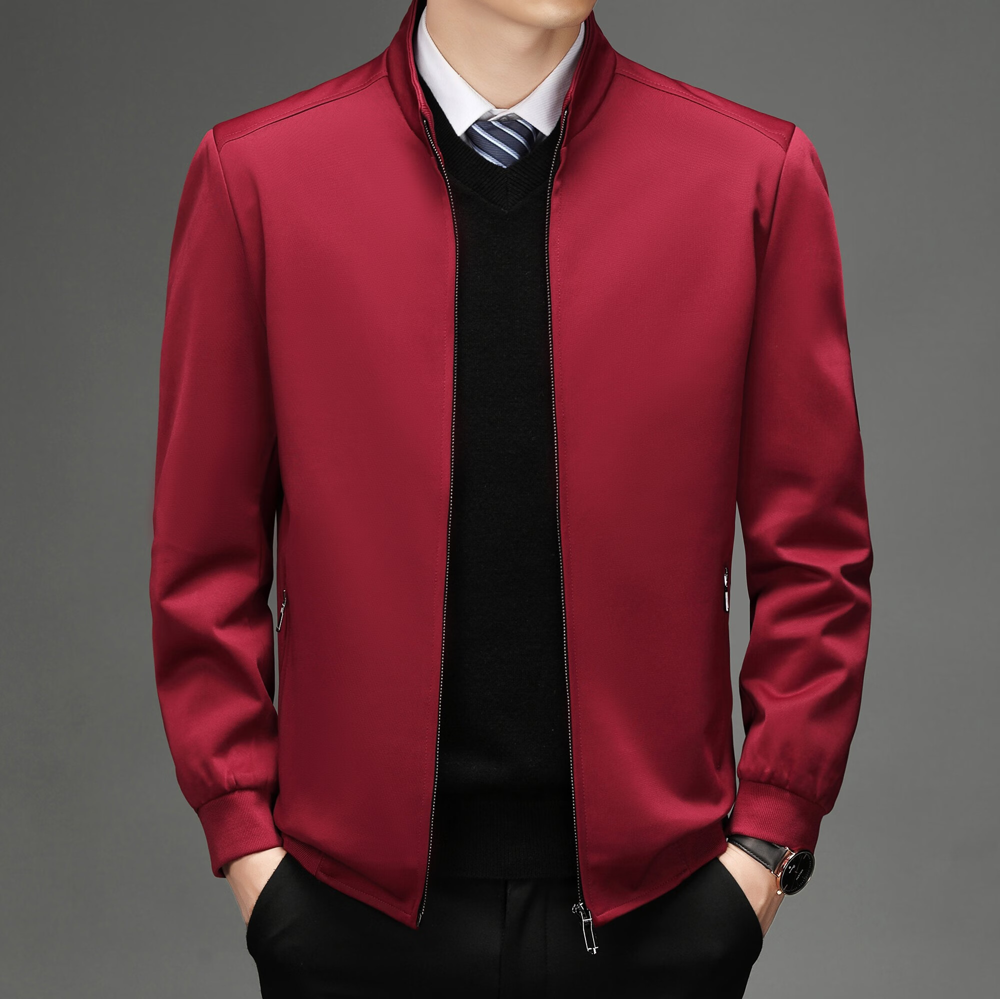 年本命年衣服爸爸外套秋季喜庆装中老年男士夹克中年休闲男装 酒红色