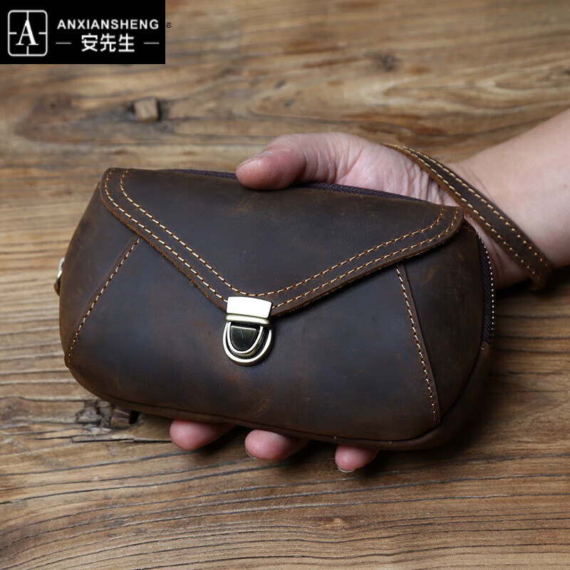 安先生 疯马皮男士穿皮带腰包复古手拿包头层牛皮横款单肩斜 深棕