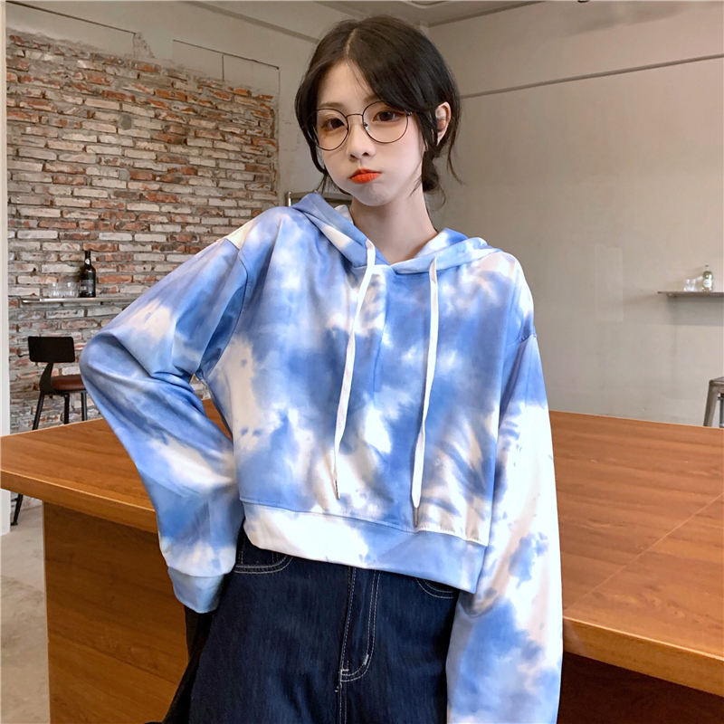 oversize扎染短款卫衣女春秋潮ins宽松韩版慵懒风bf薄款炸街上衣 蓝色