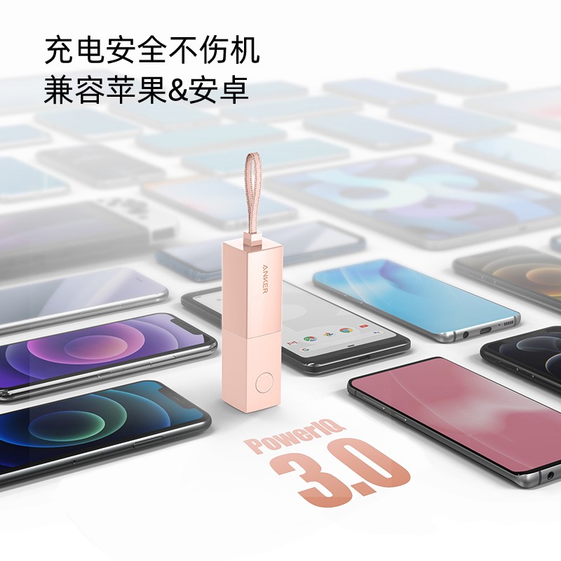 安克 Anker能量棒 PD 20W移动电源快充充电宝小巧便携充电器二合一适iPhone13/12/11/苹果/华为/小米带插头粉