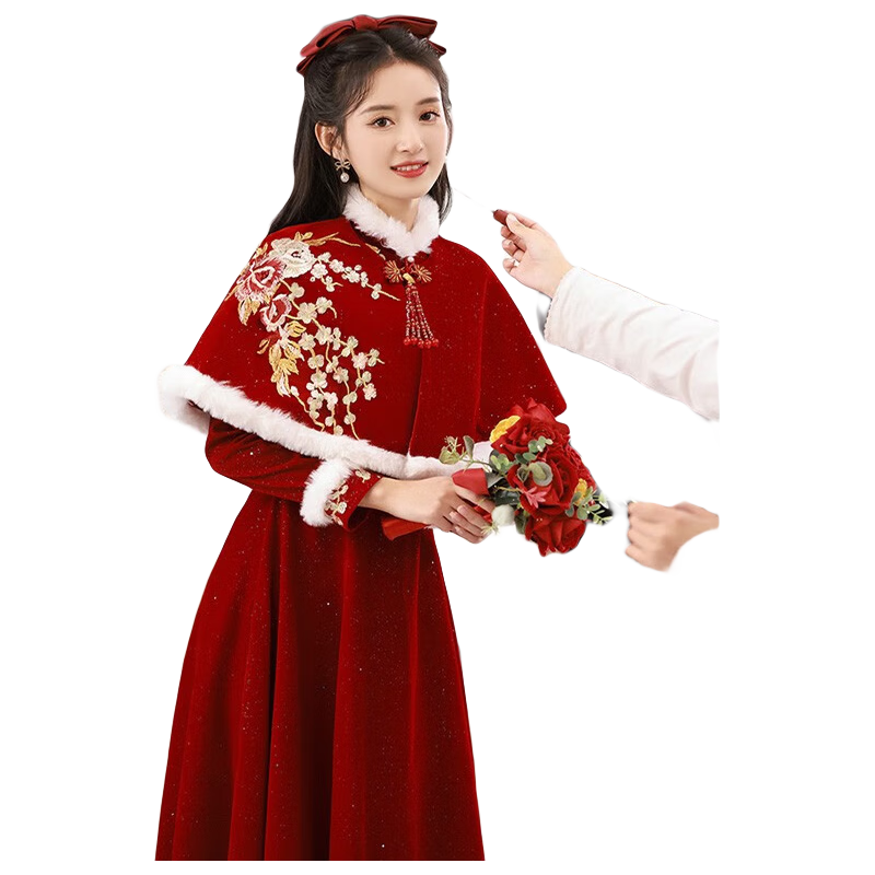 塞德勒（SAIDELE）敬酒服新娘2025新款紅色結(jié)婚長袖冬天加厚款絲絨禮服裙女冬季 酒紅色長款 加拍肩 L (建議106-115斤)