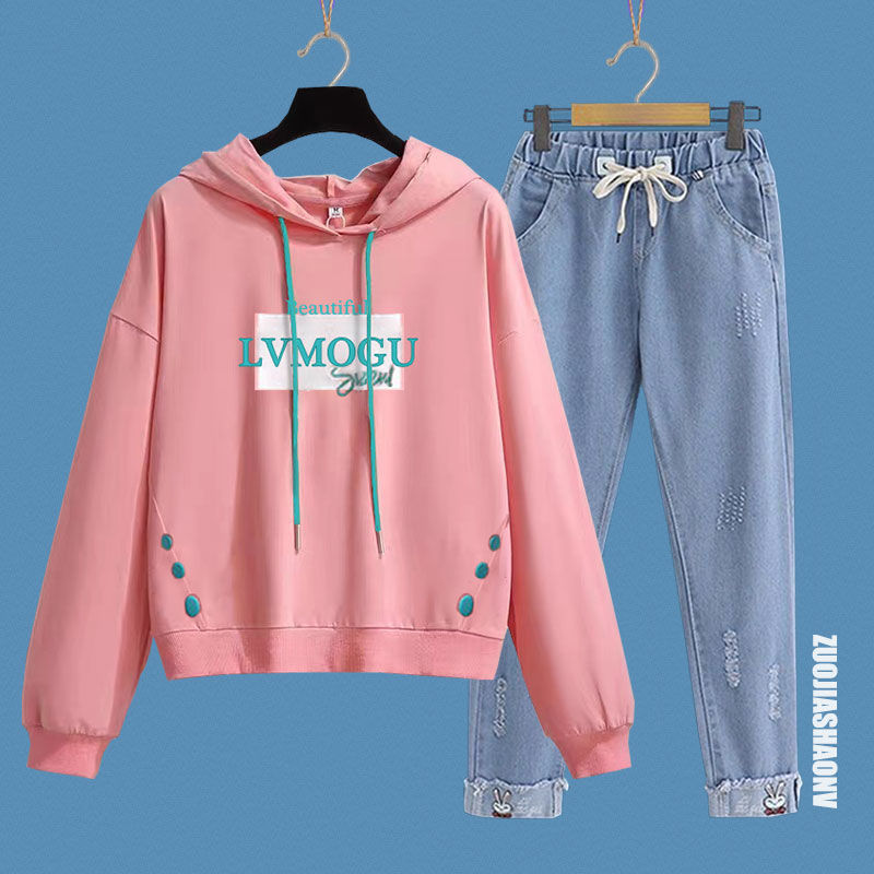 待婉学生装女生秋季套装2021初中学生服学院风长袖卫衣两件套 lv粉色