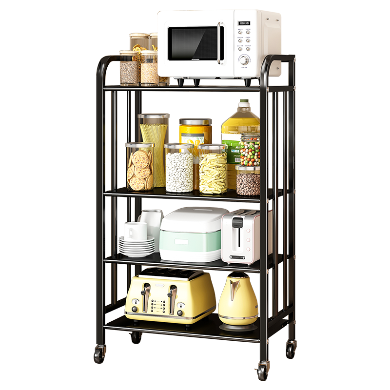 溢彩年华 厨房置物架落地可移动推车书报架子家用放调料锅具微波炉架多功能烤箱收纳储物架YCI7303-BK