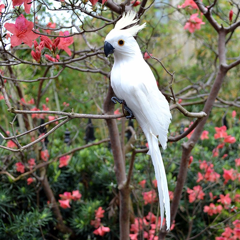 鸟仿真羽毛鸟金刚鹦鹉摆件彩色花园装饰园林道具工艺品 白色白毛25cm
